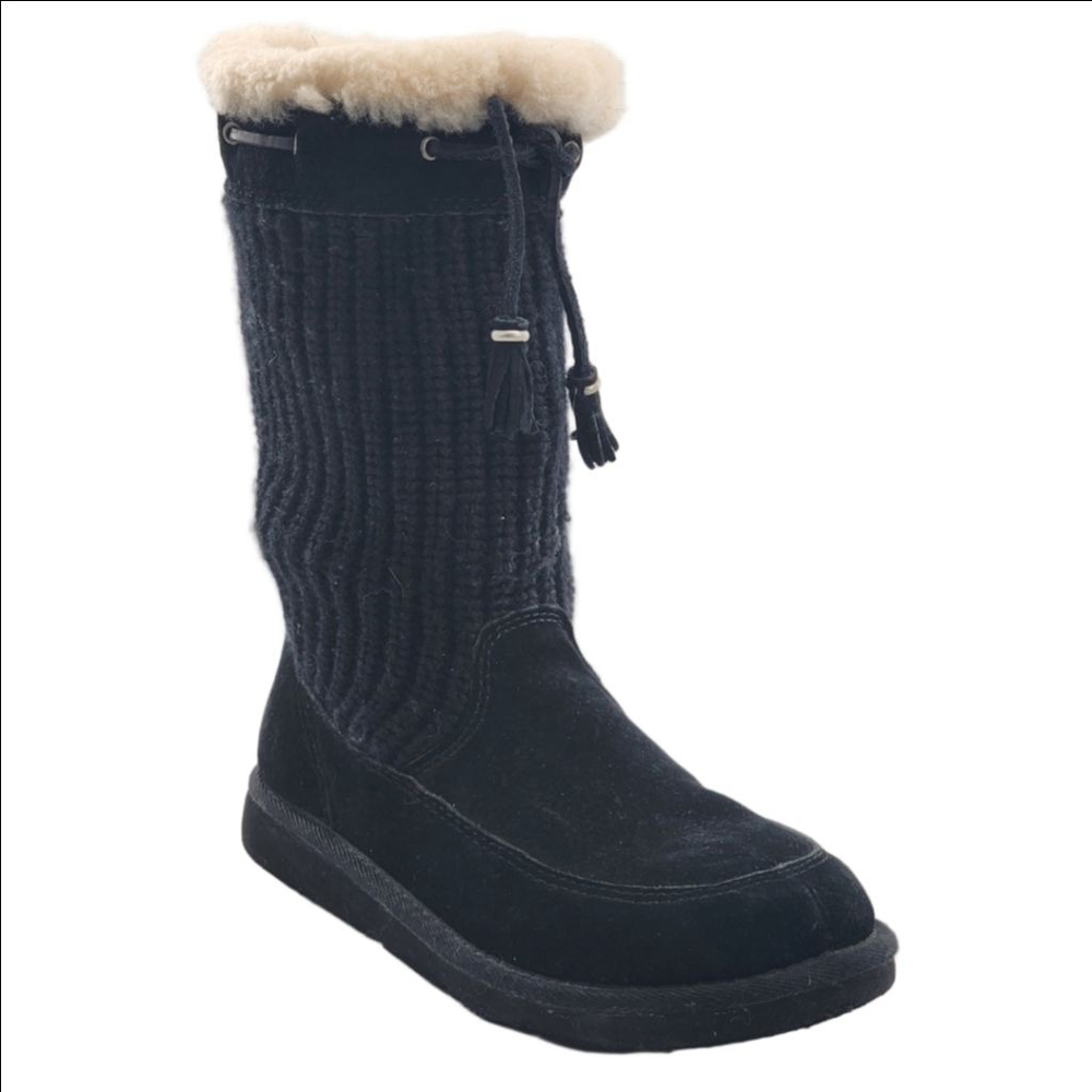 UGG Suburb Crochet Knit Black Suede Winter Boots with Shearling Trim Size 6